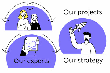 Three illustrated panels show a diverse group of characters engaged in themes of expertise and strategy. 