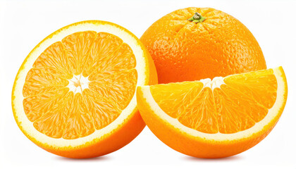 Fototapeta premium Orange fruit isolated on white background Two orange fruits, halved and cut into pieces
