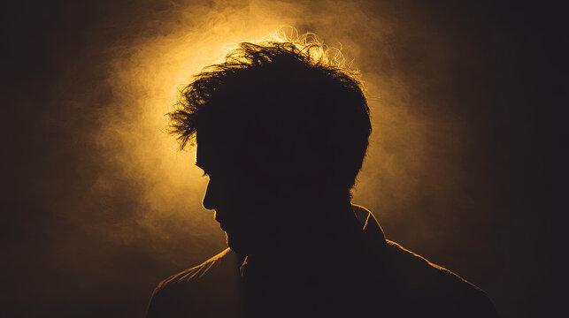 A man's head is shown in silhouette, with his face and hair obscured. The image has a moody, mysterious feel to it, as if the viewer is looking at a person who is not present. The use of black