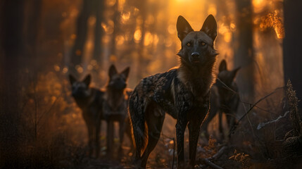 Fototapeta premium Wild dogs standing in the forest with setting sun shining. Group of wild animals in nature.