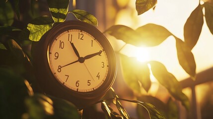 Golden Sunlight illuminating a Clock surrounded by Greenery, Time and Nature