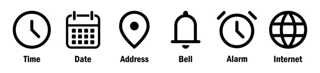 Minimal icon set with time, date, address pin, notification bell, alarm clock, and internet globe. Perfect for UI design, reminders, navigation, schedules, alerts, and digital interfaces. Icons.