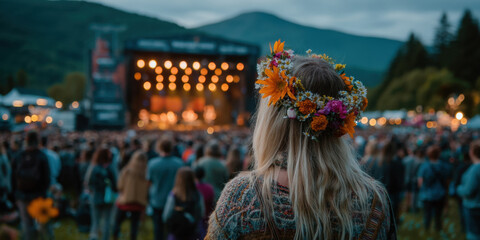 Indie band live performance with flower crown festival goer under glowing stage lights at mountain music festival for lifestyle and editorial use  