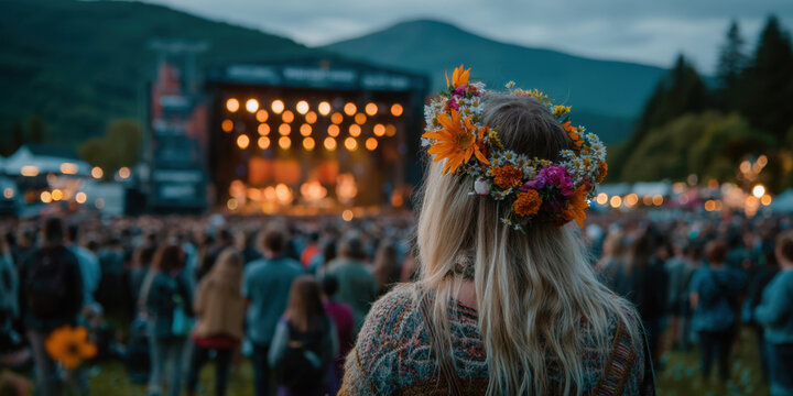 Indie band live performance with flower crown festival goer under glowing stage lights at mountain music festival for lifestyle and editorial use - Powered by Adobe