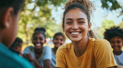 A young woman with curly hair smiling at a group of children in a park.