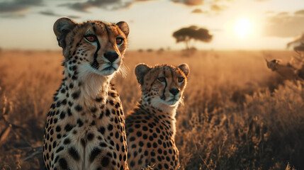 Cheetah standing in the savanna with setting sun shining. Group of wild animals in nature.