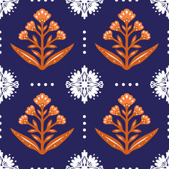 Floral repeat seamless pattern in dark blue and orange colors. Geometrical symmetrical abstract flowers and white mandala  lace ornaments in block print inspired endless backdrop