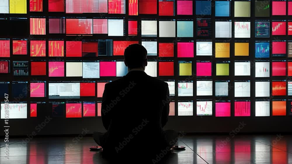 Poster Silhouette of person observing a wall of many computer screens displaying data.