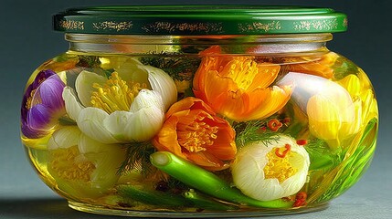 Colorful pickled flowers and vegetables in a glass jar with green lid, arranged in brine with herbs and spices, creating a vibrant and artistic preserved composition