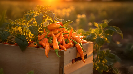 Chili peppers harvested in a wooden box with field and sunset in the background. Natural organic fruit abundance. Agriculture, healthy and natural food concept. Vertical composition.
