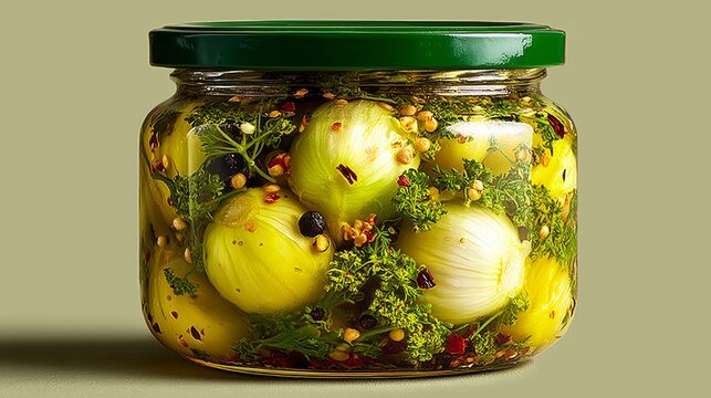 Marinated young garlic in a glass jar with green lid, surrounded by herbs, pepper seeds and spices in clear brine