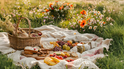 Scenic picnic in a wildflower meadow with cozy blankets, baskets, fresh fruits, and sandwiches, bathed in soft sunlight. A dreamy outdoor setting with a low depth of focus.