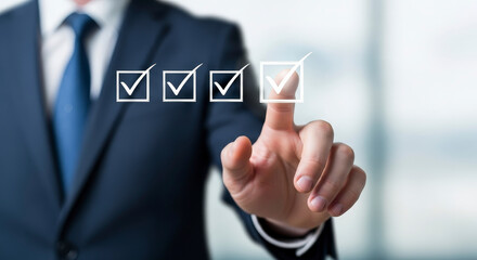 Businessman's Hand in Dark Blue Suit Touching Digital Checklist against Blurred Background