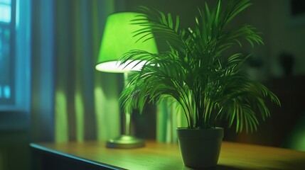 Cozy indoor scene with a potted palm and a green lamp casting a warm glow
