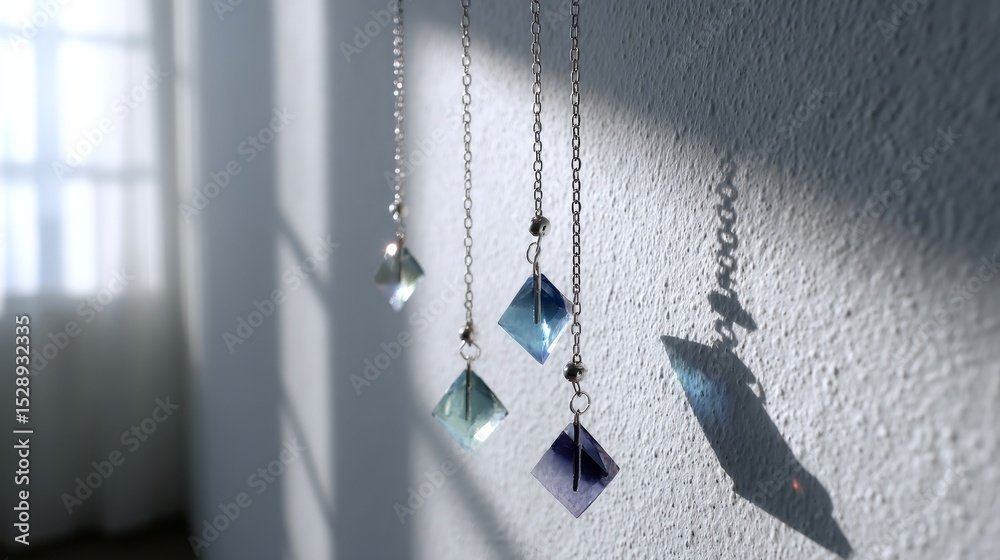 Aufkleber elegant hanging crystal prisms casting colorful rainbow light patterns on a white textured wall in m