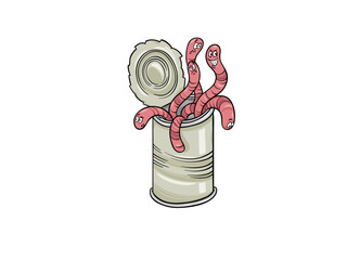 Cartoon worms in a can of food illustration