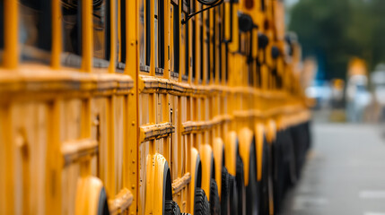Side view of classic yellow school buses standing in alignment, filling the entire frame, creating a strong visual pattern, nostalgic school transportation concept, perfect for stock photography.