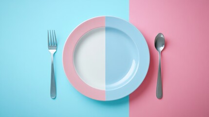 Minimalist dining aesthetic: Pink and blue color-blocked plate with flatware