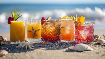 Vibrant summer cocktails garnished with tropical fruits on a sandy beach, with blurred seashells, starfish, and waves in the background, blending refreshment and coastal charm with low depth of focus.