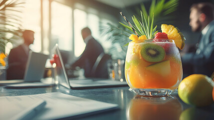 Vibrant summer cocktails garnished with tropical fruits on a table in a business room, with blurred businessmen, laptops, and papers in the background, blending refreshment and professionalism.