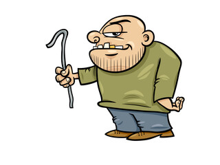 Humorous Cartoon Character with a Hook Tool and Grinning Expression