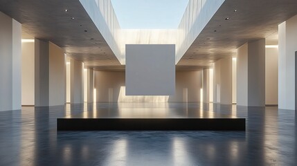 Minimalist Concrete Architecture Interior with Platform and Hanging Cube Sculpture