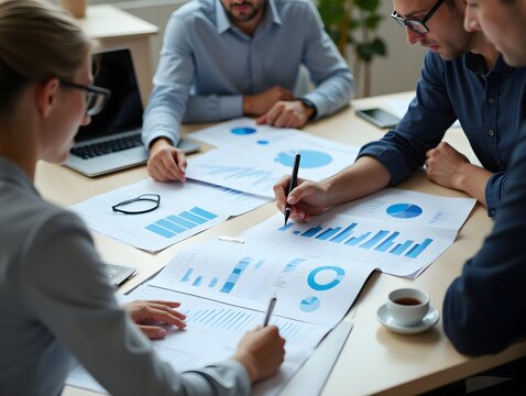 Professionals collaborating on a business plan, analyzing detailed charts and forecasts, planning together.