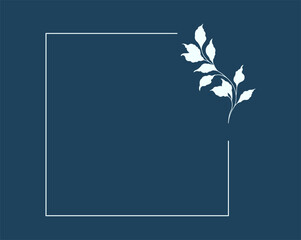 Floral and square hand drawn style. Floral navy frame of twigs, leaves and flowers. Frames for the Valentine's day, wedding decor, logo and identity template.