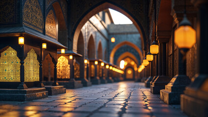 Obraz premium Illuminated islamic architecture interior corridor featuring arches and warm glowing lanterns