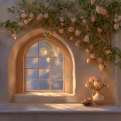 Serene Home Interior  Sunlit Window  Flowers  and Teacups