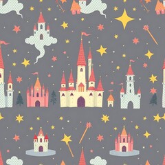 Seamless vector cartoon pattern with charming houses, cats, and birds, perfect for a whimsical town or fairytale kingdom design