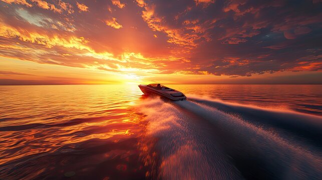Dramatic sunset over ocean with speedboat