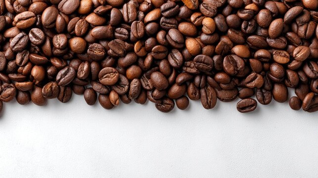 Topdown closeup of roasted coffee beans border with empty white space for business or product advertisement, warm earthy tones, textured surface, inviting aroma, natural coffee appeal, minimalistic s
