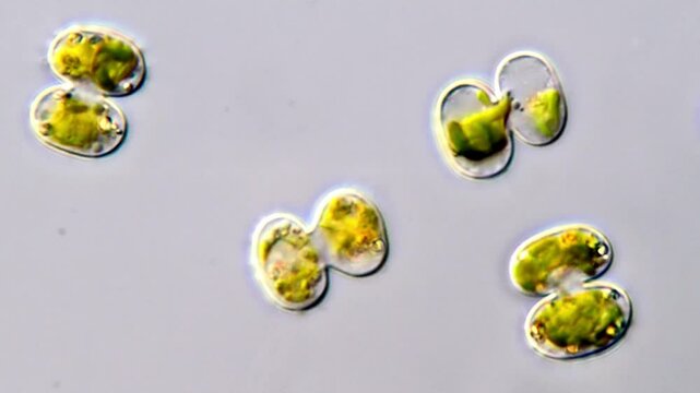 Brown motion in Cosmarium algae cells under microscope 100x objective