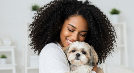 Woman with curly hair gently hugging a small dog in a bright indoor space filled with plants and light