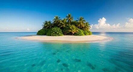 Fototapeta premium Secluded tropical island paradise with lush palm trees and turquoise water