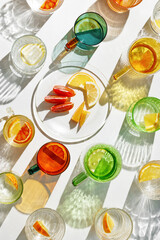 Colored glass plate and cups of water with slices of fruit, bright glasses of detox drink with beautiful shadow at sunlight, minimal aesthetic top view, creative summer drink backdround, above
