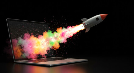 Rocket emerging from a laptop with colorful smoke and sparks in a dark background