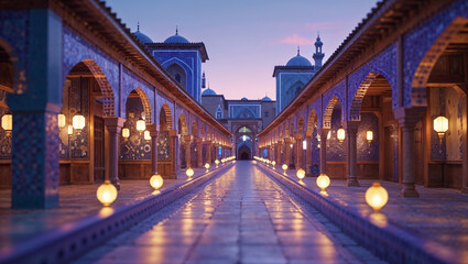Fototapeta premium Illuminated pathway of an islamic-style architectural structure at dusk with warm ambient lighting.