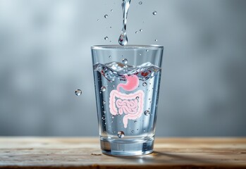 water droplets falling into glass with semi transparent digestive system icons, highlighting the benefits of drinking water before eating.