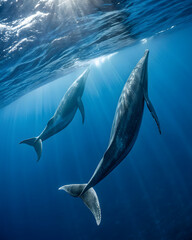 Obraz premium From above of amazing pilots whale swimming in dark blue sea water in evening