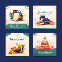 Guru Purnima Square Cards Illustration Set
