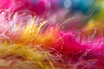 Fototapeta premium Colorful strands of textured fibers in vibrant pink, orange, and yellow hues create a playful backdrop.