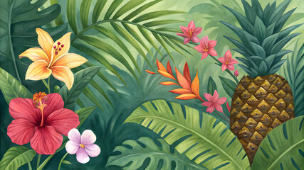 Naklejka premium Tropical Set. Exotic flower hibiscus, orchid, monstera palm leaf and pineapple, ripe fruit. Jungle watercolor painting