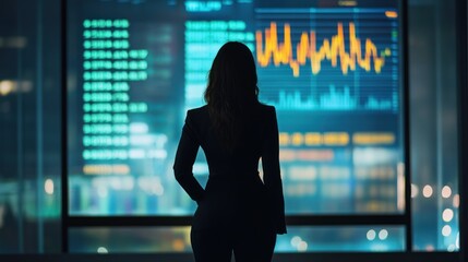 Businesswoman analyzing stock market data from office with cityscape view
