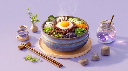 Korean Bibimbap Bowl with Fried Egg and Colorful Vegetables in Purple Aesthetic