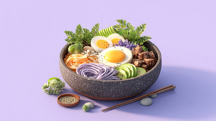 Rustic Korean Bibimbap Bowl with Soft-Boiled Eggs and Vibrant Vegetables