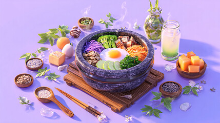 Traditional Korean Bibimbap in Stone Bowl with Assorted Banchan and Ingredients