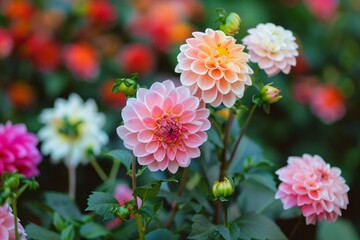 Colorful dahlias in a vibrant garden setting showcase a beautiful display of nature's colors.