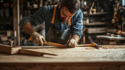 Artisan's Focus: Woodworker Smoothing Timber with Hand Plane in Workshop
